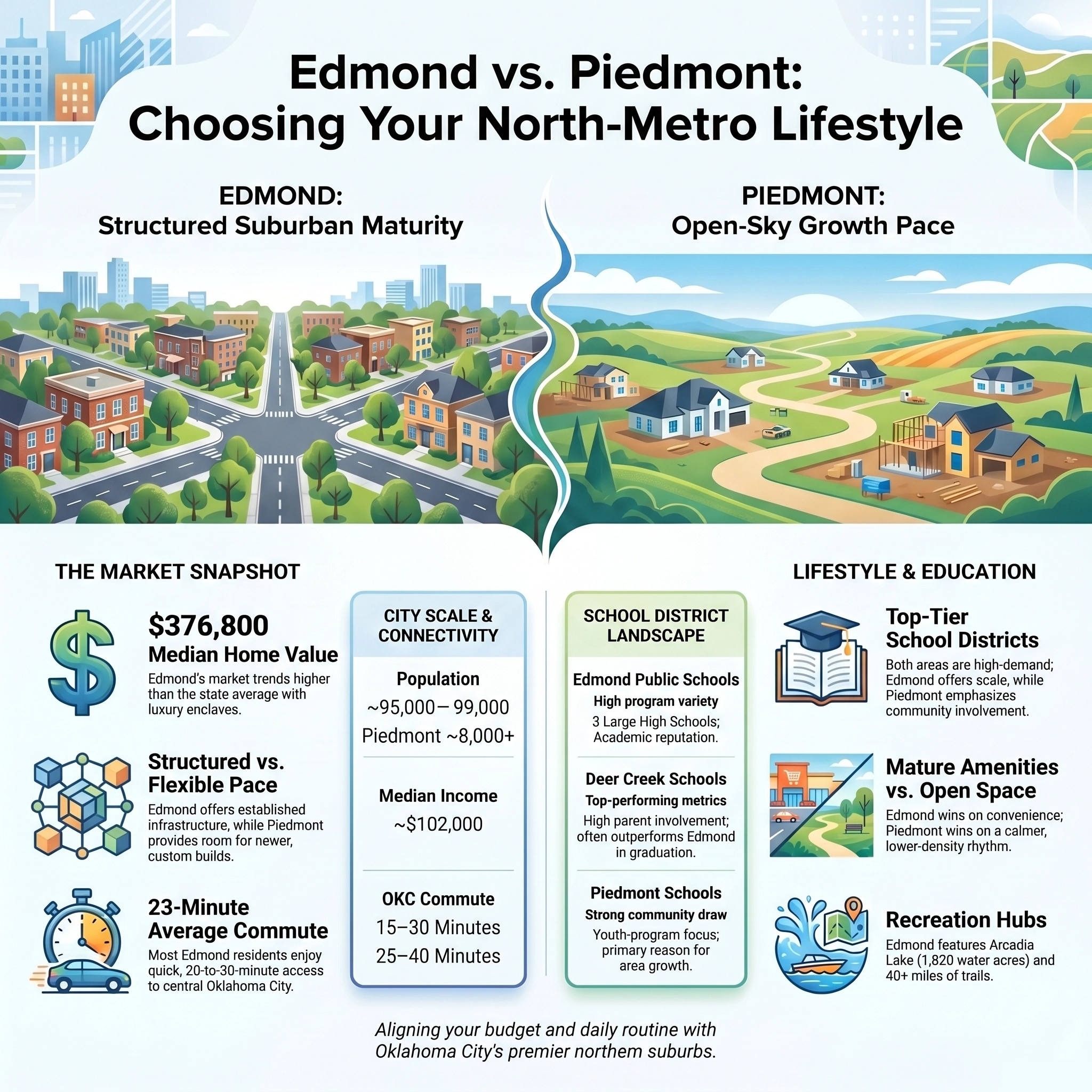 Edmond vs Piedmont, Oklahoma — northwest OKC metro comparison graphic