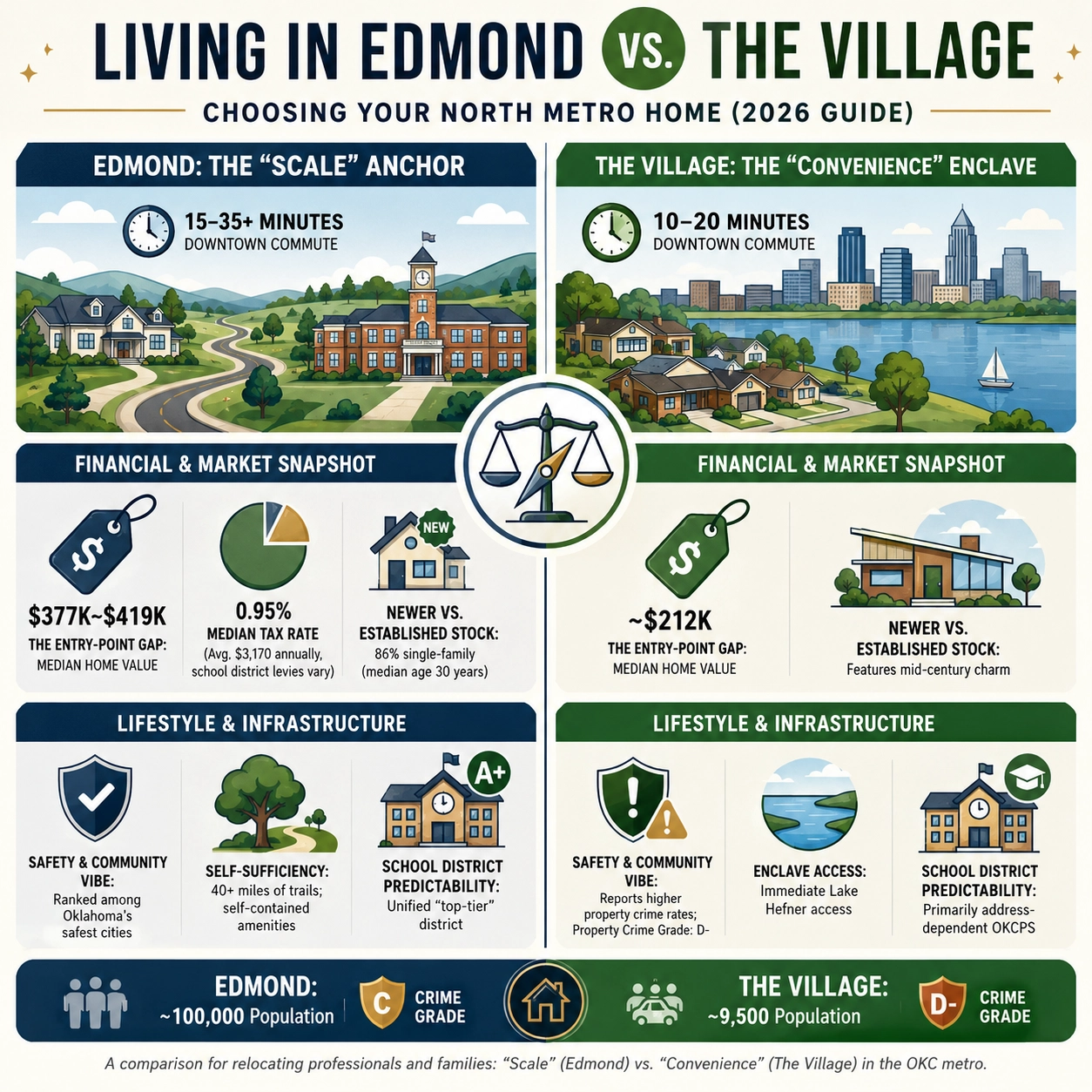 Edmond vs The Village, Oklahoma — northwest OKC metro comparison graphic