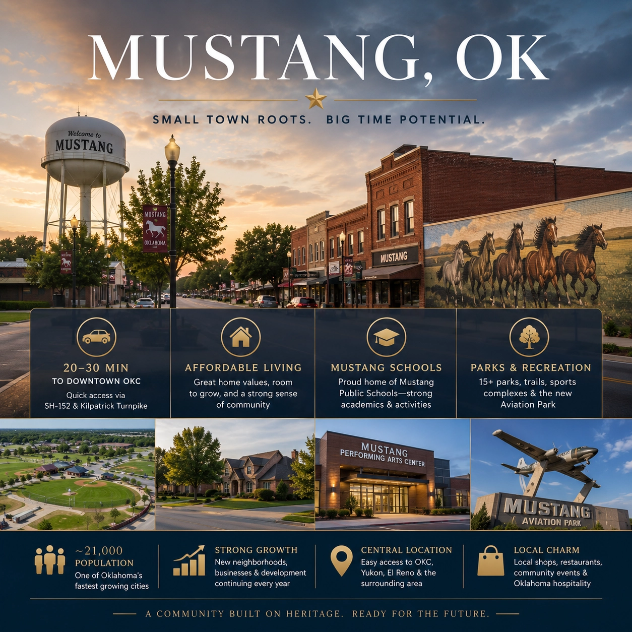 Mustang, Oklahoma — west OKC metro community graphic with local highlights and community context