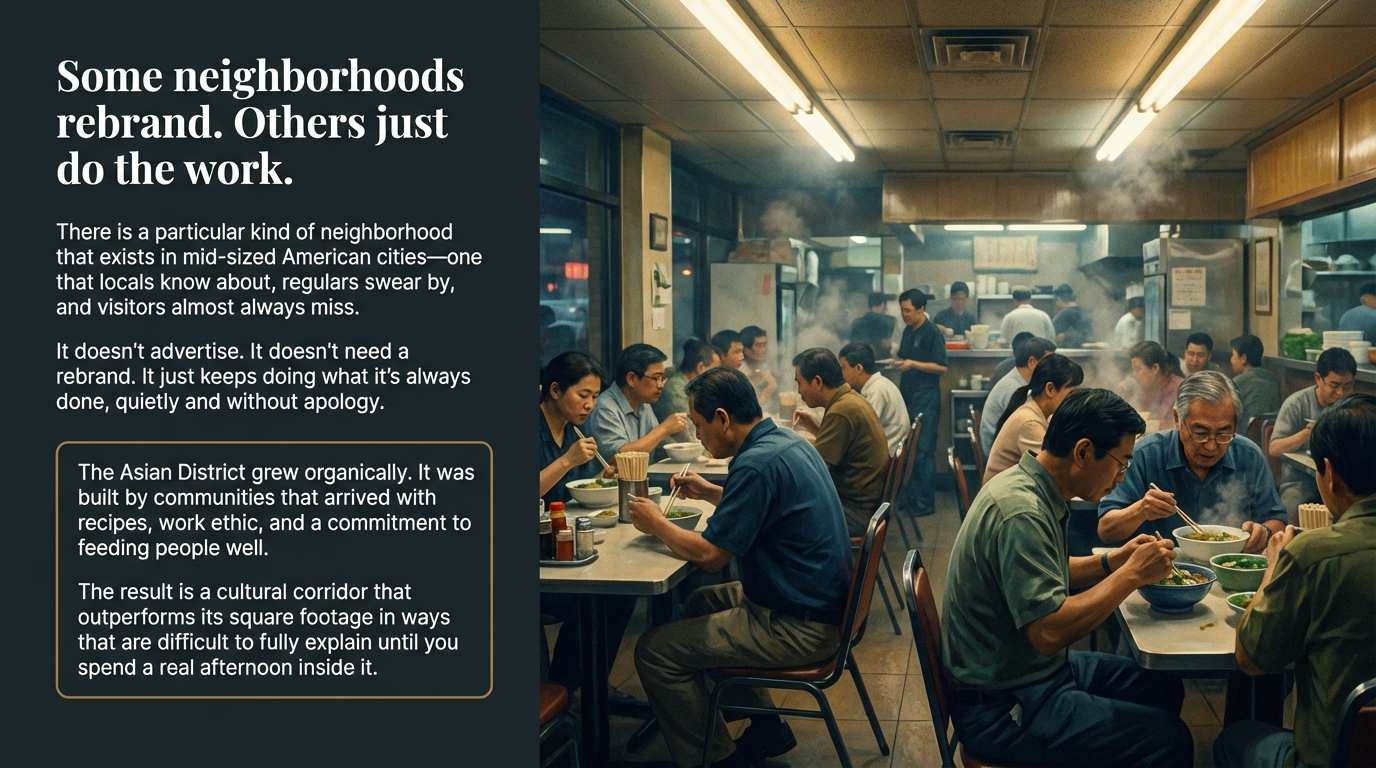 Strip mall storefronts along Classen Blvd in the Asian District